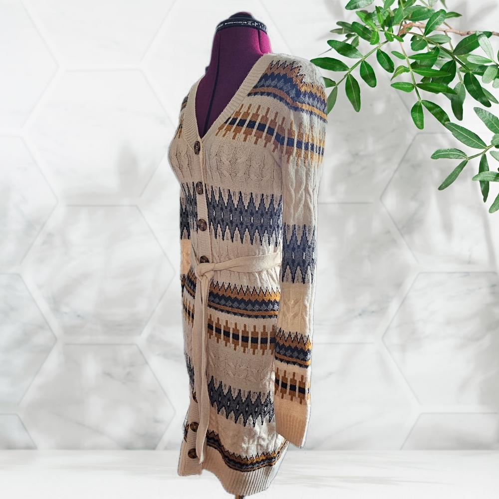 Lucky Brand Fair Isle Cardigan Knit Sweater Dress Aztec Geomteric Patterned - Picture 4 of 16